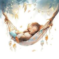 AI generated A sleepy baby monkey in a hammock. watercolor illustration. AI Generated photo