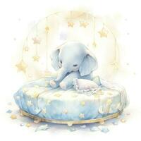 AI generated An elephant on a bed with stars and blankets around the circle. AI Generated photo