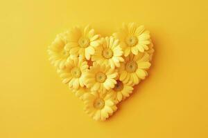 AI generated Yellow Heart Shaped By Yellow Daisies Over Yellow Background. AI Generated photo