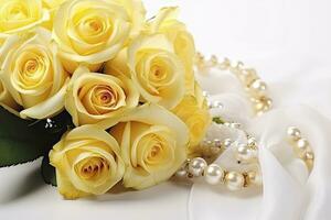 AI generated Yellow roses bouquet and pearls,in white background. AI Generated photo