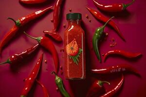 AI generated Tabasco hot pepper sauce with red chili pepper, flat lay. Generative AI photo