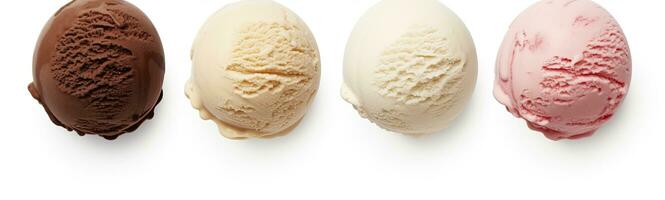 AI generated Set of four various ice cream balls or scoops isolated on white background. AI Generated photo