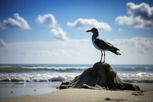 AI generated Seagull on the beach under blue sky. photo