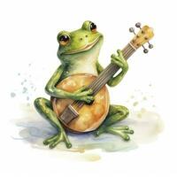 AI generated Watercolor green frog playing a tiny musical instrument on white background. AI Generated photo