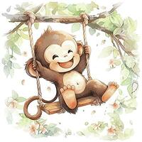 AI generated Cute happy baby monkey on swings on a tree in watercolor. AI Generated photo