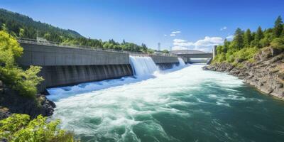 ai generado hidroeléctrico represa generando verde energía desde fluido agua. ai generado. foto