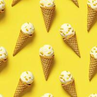 AI generated Ice Cream pattern on yellow background, top view. AI Generated photo