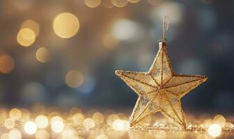 AI generated Sparkling Golden Christmas Star. Ornament Decoration Defocused Bokeh Background. AI Generated photo