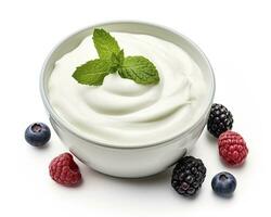 AI generated Green bowl of greek yogurt and fresh berries isolated on white background. AI Generated photo