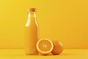 AI generated Orange Juice bottle on orange background. AI Generated photo