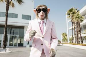 ai generado un mono es vistiendo Gafas de sol, traje y en pie en calle. ai generado foto