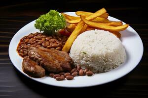 ai generado arroz, frijoles, francés papas fritas, y carne. generativo ai foto