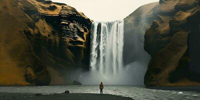 ai generado mujer con vista a cascada. generativo ai foto