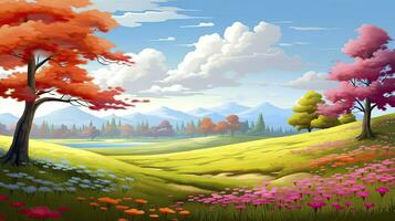 AI generated Spring season with colorful flowers and trees in a pretty meadow or field. AI Generated. photo