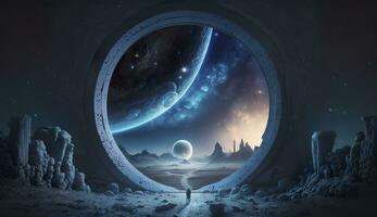 AI generated Portal to another world. Futuristic cosmic landscape with circle tunnel in starry sky. Generative AI photo