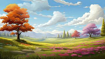 AI generated Spring season with colorful flowers and trees in a pretty meadow or field. AI Generated. photo