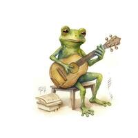 AI generated Watercolor green frog playing a tiny musical instrument on white background. AI Generated photo