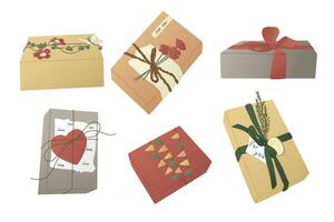 grande conjunto de elegante envuelto regalo cajas en vacaciones. moderno regalos con cinta y flores para cumpleaños, san valentin día, aniversario, Navidad. ideal para pegatina, decoración, modelo vector