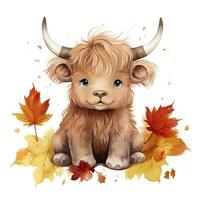 AI generated Happy cute baby highland cow in autumn leaves in the watercolor style. AI Generated photo