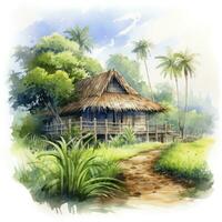 AI generated A watercolored bright serene image of a traditional bahay kubo. AI Generated photo