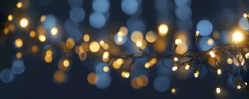 AI generated holiday illumination and decoration concept, Christmas garland bokeh lights over dark blue background. AI Generated photo