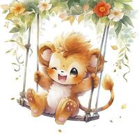 AI generated Cute and happy baby lion on swings on the tree in watercolor style. AI Generated photo