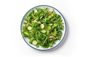 AI generated Healthy fresh green salad plate shot from above on white background. AI Generated photo