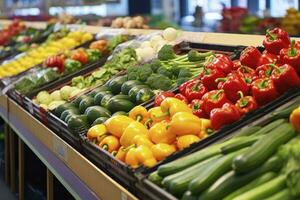 ai generado frutas y vegetales a ciudad mercado. ai generado foto