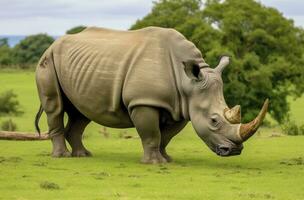 AI generated White Rhino grazing. AI Generated photo