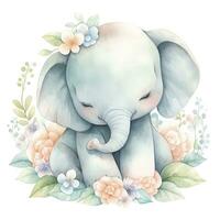 AI generated Watercolor Baby Elephant. AI Generated photo