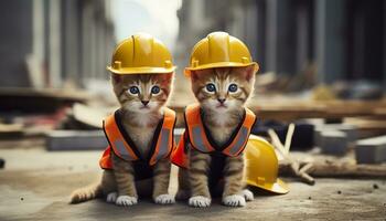 AI generated Two kittens wearing hard hats on a construction site. Generative AI photo