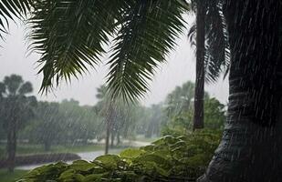 ai generado lluvia en el zona tropical durante el bajo temporada o monzón estación. gotas de lluvia en un jardín. generativo ai foto