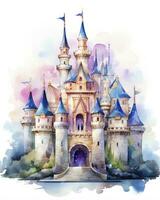 AI generated Colorful watercolor kawaii castle isolated on white background. AI Generated photo