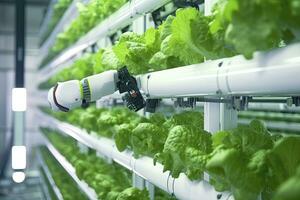 AI generated Automatic Agricultural Technology With Close-up View Of Robotic Arm Harvesting Lettuce In Vertical Hydroponic Plant. AI Generated photo