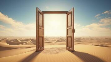 AI generated The opened door on the desert. Unknown and start up concept. AI Generated. photo