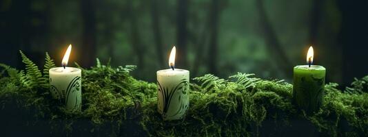 AI generated Burning candles on moss, dark green blurred the natural background. Magic candle. Generative AI photo