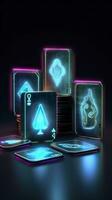 AI generated Some playing cards with glowing neon designs on a tablet. Generative AI photo