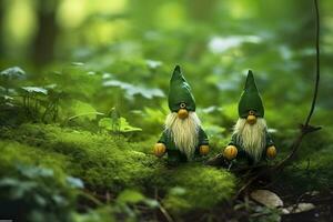 ai generado juguete irlandesa gnomos en un misterio bosque, resumen verde natural antecedentes. generativo ai foto