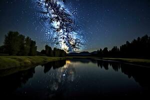 ai generado lechoso camino reflejado en lago. ai generado foto