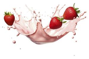 AI generated milk or yogurt splash with strawberries isolated on white background, 3d rendering. AI Generated photo