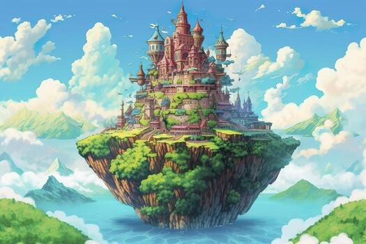 AI generated Ancient Heavenly Floating island in the sky with a castle, vibrant, fantasypunk, AI Generative photo