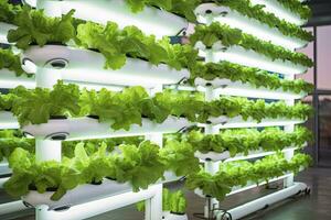 AI generated Vertical Hydroponic Plant System With Cultivated Lettuces. AI Generated photo