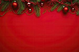 ai generado Navidad o nuevo año rojo antecedentes con abeto decoración. ai generado foto