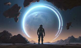 AI generated Astronaut in front of dimensional portal.  AI Generated. photo