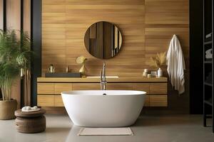 ai generado interior de elegante baño con de madera gabinete, hundir, bañera, y espejo. ai generado foto