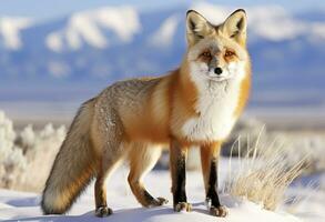 AI generated Red fox standing on snow. AI Generated. photo