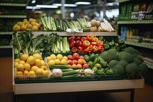 ai generado frutas y vegetales en tienda estar en supermercado tienda de comestibles almacenar. ai generado foto