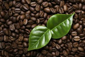 AI generated Green leaves with coffee beans as background. AI Generated photo