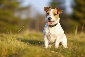 ai generado contento Jack Russell terrier mascota perro espera, escuchando en el césped. ai generado foto