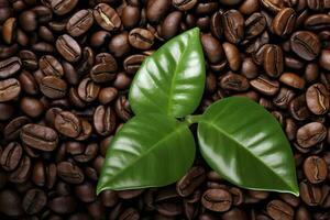 AI generated Green leaves with coffee beans as background. AI Generated photo